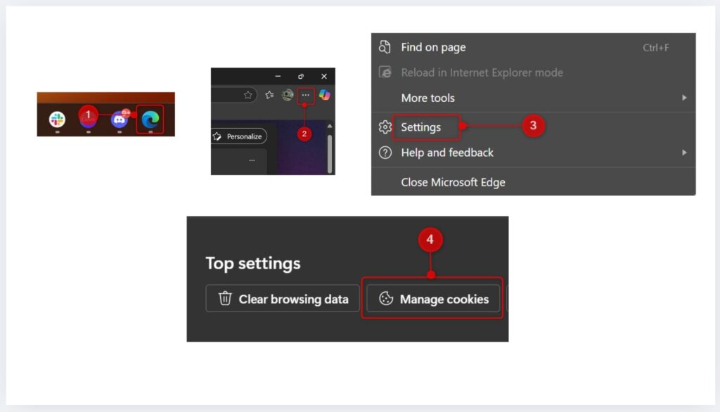Access cookie settings in Microsoft Edge via Settings > Manage cookies