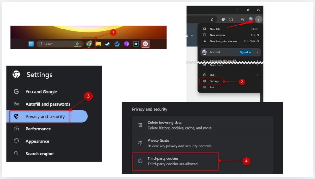 Steps to access cookie settings in Google Chrome on desktop, showing navigation to Settings > Privacy and security > Third-party cookies