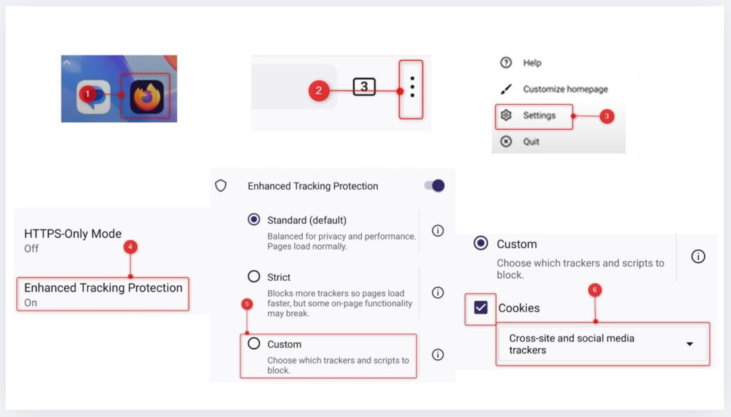 Steps to block or allow cookies in Firefox for Android via Enhanced Tracking Protection custom settings