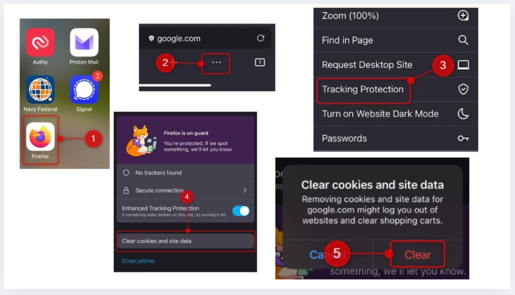 Steps to clear cookies and site data in Firefox for iOS via Tracking Protection menu