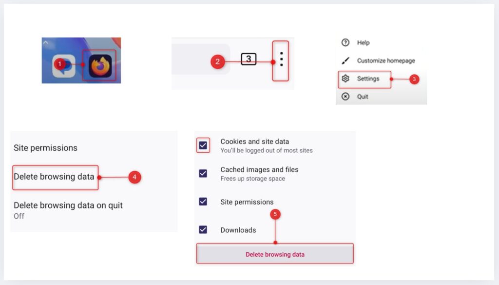 Steps to delete cookies and site data in Firefox for Android via browsing data settings