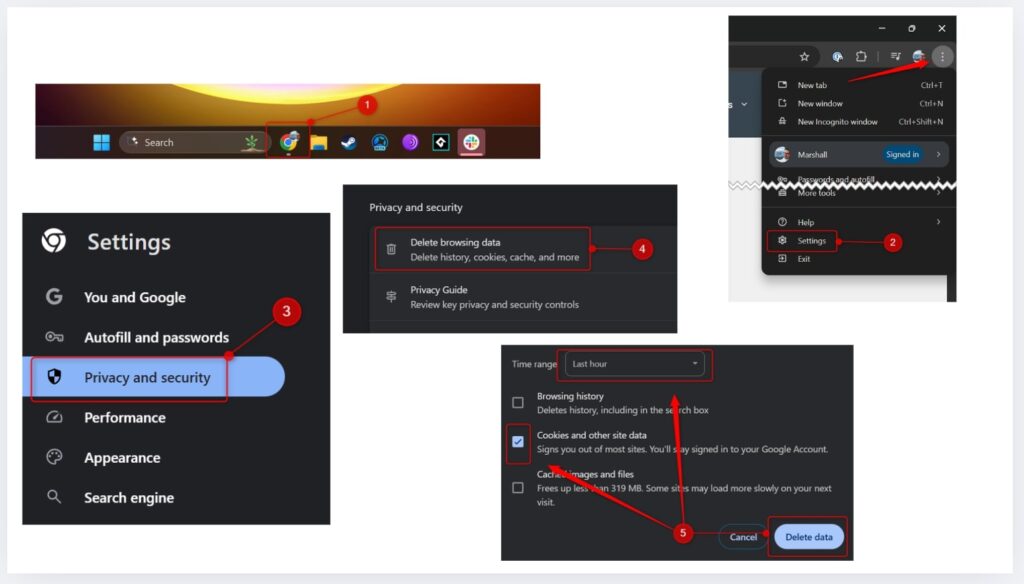 eps to delete cookies in Google Chrome on desktop, showing navigation to Settings > Privacy and security > Delete browsing data > Cookies and other site data