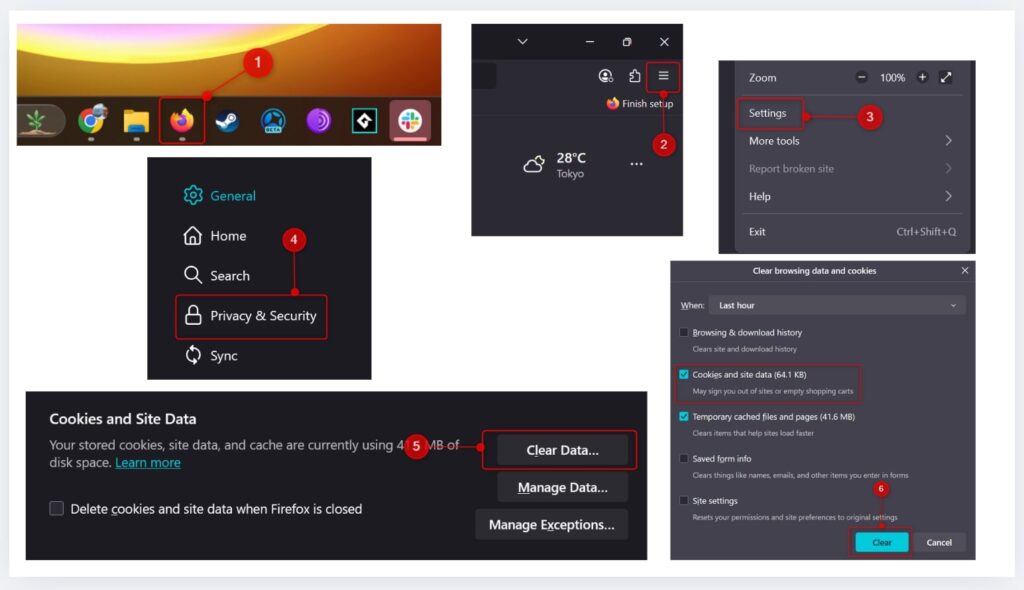 Steps to view and clear all cookies in Firefox on desktop via Privacy & Security settings