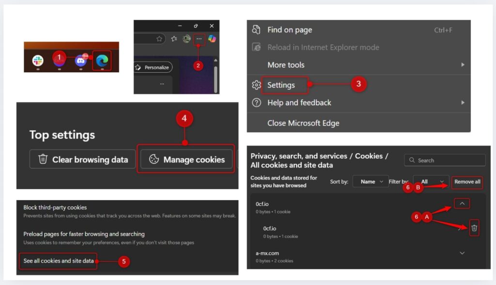 View and delete cookies in Microsoft Edge through Settings, Manage cookies, and See all cookies and site data