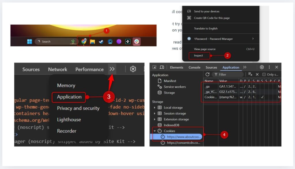 Steps to view cookies in Google Chrome on desktop using DevTools, showing navigation to Inspect > Application > Cookies