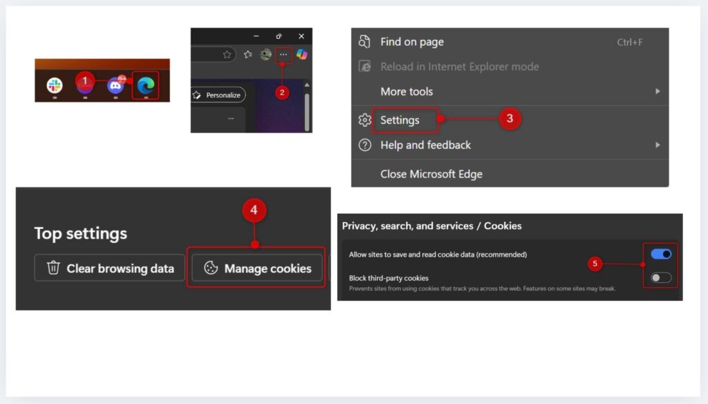 Enable or block cookies in Microsoft Edge through Settings, Manage cookies, and toggle cookie permissions