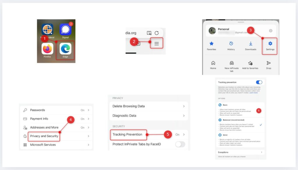 Manage cookies in Microsoft Edge on iOS by opening the app, going to Settings, selecting Privacy and Security, and adjusting Tracking Prevention