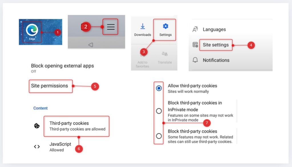 Block or allow third-party cookies in Microsoft Edge on Android through Settings, Site settings, Site permissions, and Third-party cookies