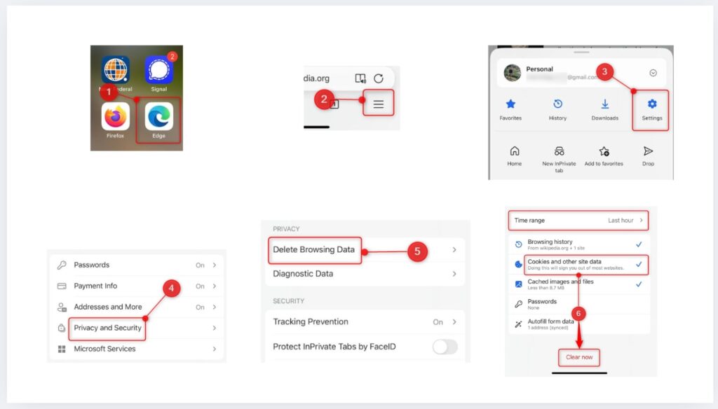 Delete cookies in Microsoft Edge on iOS through Settings, Privacy and Security, Delete Browsing Data